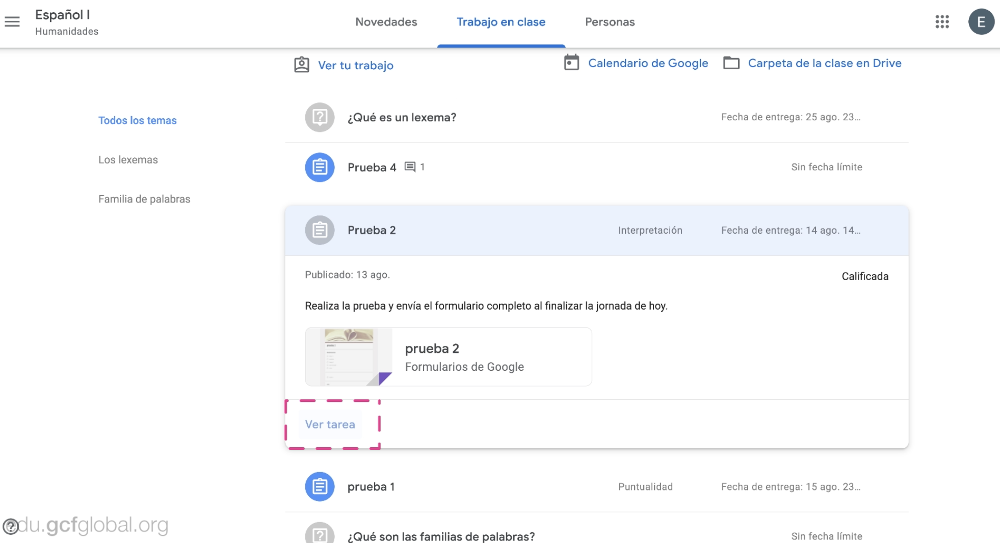 Hacer clic en opción ver tarea para comunicarse directamente con profesor de clase en Google classroom.